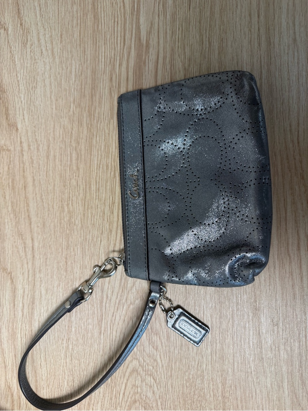 Coach Metallic Silver Gray Signature Perforated Wristlet Y2K